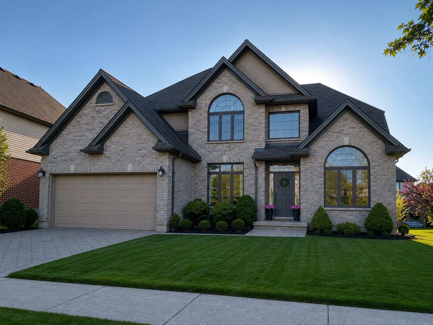 Two-storey brick home in Ontario with large new windows and arched glass installed by Northlight Windows & Glass